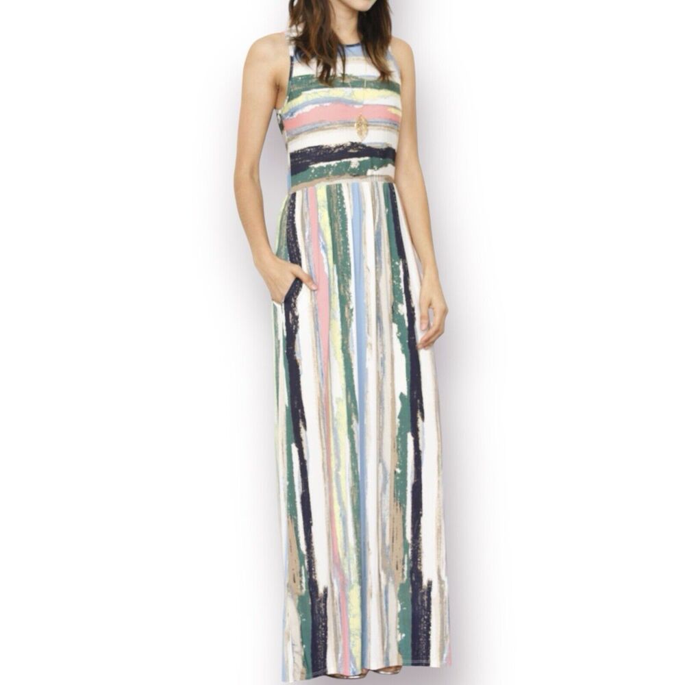 Eloges Multicolor Paint Brush Stripe Maxi Dress Pockets Sleeveless Sz Medium